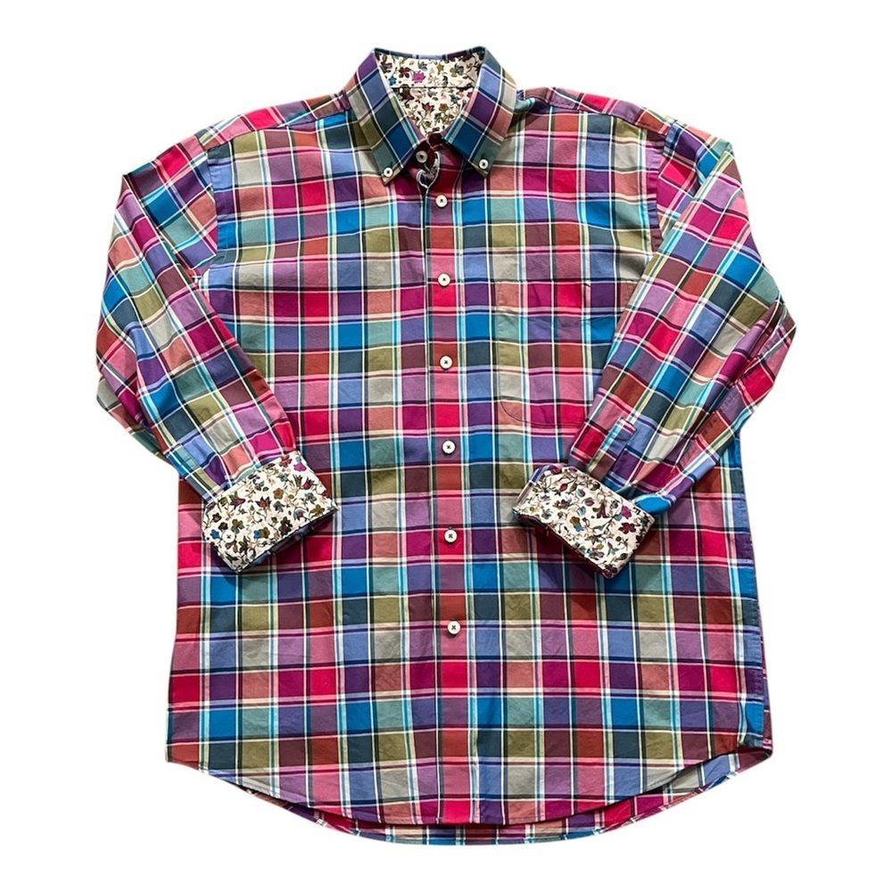 Alan Flusser Vibrant Plaid Button Down Shirt with Floral Cuffs size M